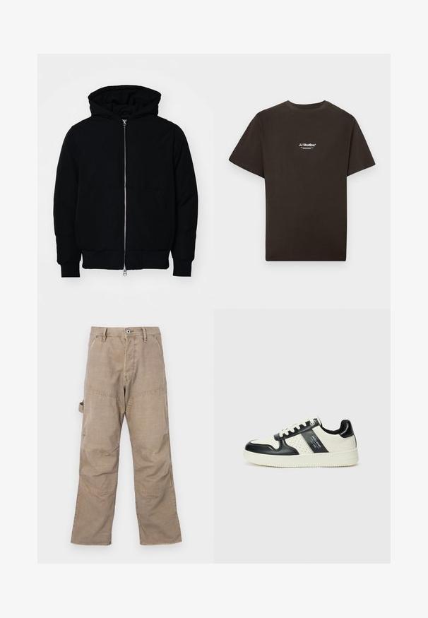 Black hooded jacket with front zipper, kangaroo pocket, ribbed cuffs, and hem, displayed on a plain white background.; Black cotton T-shirt with short sleeves and a crew neck, featuring "JJ Studios" logo in white on the front center. Smooth texture.; Brown cargo pants with visible stitching, wide legs, and four pockets. Made from sturdy fabric, featuring a slight texture and a button closure.; Leather sneakers with a black and cream color scheme, featuring perforated accents, a padded collar, and a textured outsole.
