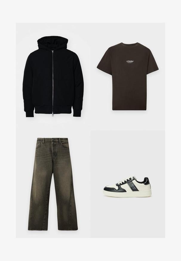 Black hooded jacket with front zipper, kangaroo pocket, ribbed cuffs, and hem, displayed on a plain white background.; Black cotton T-shirt with short sleeves and a crew neck, featuring "JJ Studios" logo in white on the front center. Smooth texture.; High-waisted, wide-leg black faded jeans with front button and zip closure, and standard front pockets.; Leather sneakers with a black and cream color scheme, featuring perforated accents, a padded collar, and a textured outsole.