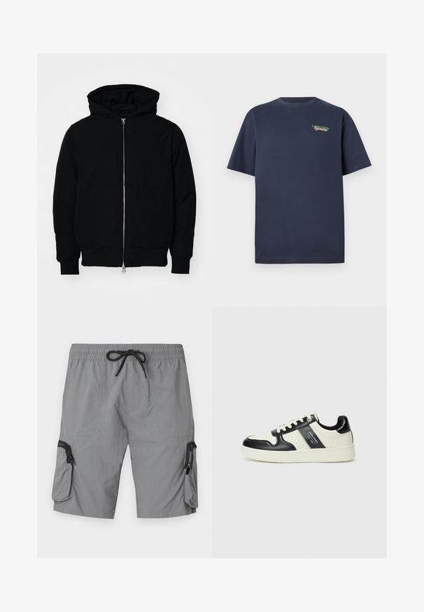 Mustaga kapuutsiga jakk, millel on esineed, kenguru tasku, soonikkoes, ja alläär, esitatud lihtsal valgel taustal.; Tume sinine lühikeste varrukatega puuvillane T-särk, mille vasakus ülanurgas on rohelise ja punase niidiga broderitud tekst "London Fields Superstore".; Hallid hallid lühikesed püksid, mis on valmistatud kergest Kangast, elastse vöökoha ja paelaga, küljetaskud ning dekoratiivne lukuga tasku.; Nahatud nahkkingad musta ja kreemi värviskeemiga, millel on perforeeritud aktsendid, pehme krae ja tekstureeritud tallad.