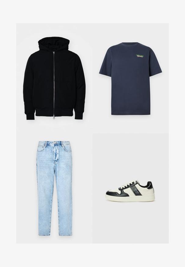 Svart hettejakke med frontglidelås, kengurulomme, ribbestrikket mansjetter og søm, vist på en ensfarget hvit bakgrunn.; Mørkeblå kortermet bomulls T-skjorte med "London Fields Superstore" brodert i grønt og rødt på øvre venstre bryst.; Lyseblå denimjeans med straight leg-design, som har fem lommer og knappestengning. Slitt tekstur med falmede områder.; Lædersneakers med sort og creme farveskema, der har perforerede detaljer, en polstret krave og en struktureret ydersål.