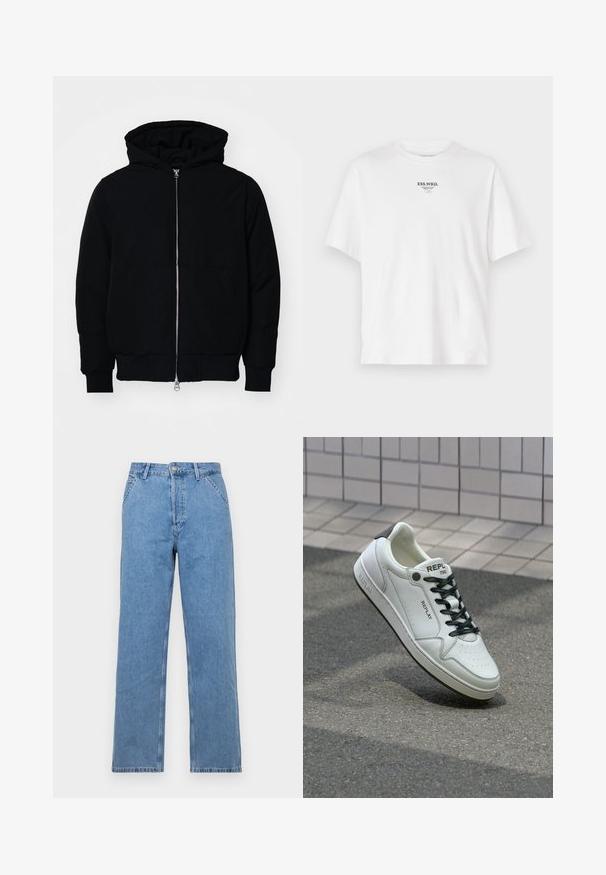 Zwarte hoodie met rits aan de voorkant, kangoeroe-pocket, geribbelde manchetten en zoom, weergegeven op een effen witte achtergrond.; Witte katoenen t-shirt met een ronde halslijn, korte mouwen en een bedrukte logo met de tekst "ESS.WRD." op de borst, minimalistisch ontwerp.; Lichtblauwe spijkerbroek met rechte pijpen en een klassiek vijf-pocket ontwerp, voorzien van een knoopsluiting aan de voorkant en riemlussen. Soepele textuur.; Witte leren sneaker met geperforeerde teen, zwarte veters en hielaccent. Voorzien van "REPLAY" branding en een stevige rubberen zool.