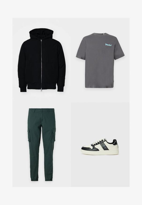 Melna kapucēta jaka ar priekšējo rāvējslēdzēju, kenguru kabatu, ribinātām aprocēm un apakšmalu, parādīta uz vienkārša balta fona.; Pelēka īsām piedurknēm T-kreklu, izgatavots no kokvilnas. Uz kreisā krūšu laukuma ir gaismas zila "Paradise" emblēma. Klasisks apaļais kakls.; Zaļas kravas bikses ar šauru piegriezumu, kurām ir elastīgi uzzinātāji, sānu kabatas un klasiskā pogu aizdare. Izgatavotas no mīksta, izturīga auduma.; Ādas sporta apavi ar melnbaltu krāsu shēmu, ar perforētiem akcentiem, mīkstinātu apkakli un teksturētu zoli.