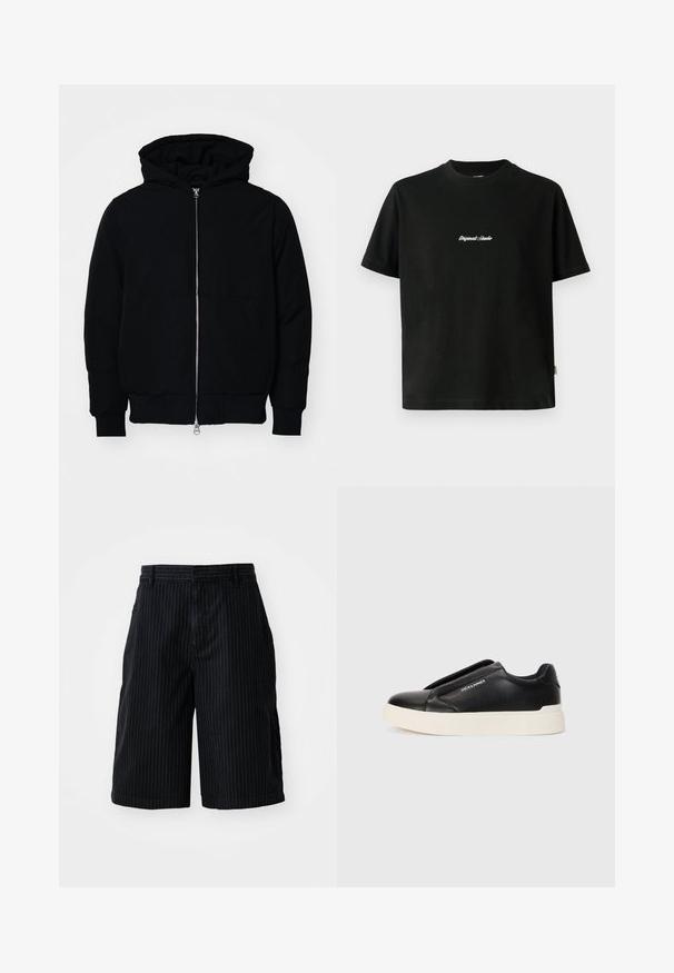 Črna kapuca jakna s sprednjim zadrgo, kenguru žepom, rebrastimi manšetami in hemom, razstavljena na enostavni beli ozadju.; Črna bombažna majica s kratkimi rokavi, ki ima belo vezeno besedilo "Original Studio" na prsih in okrogel izrez.; BDG Urban Outfitters STRIPED WORKER - Kratke hlače iz džinsa - black; Črne slip-on športne čevlje z teksturiranim usnjenim zgornjim delom, belim gumijastim podplatom in brez vidnih vezalk. Na strani je logotip blagovne znamke.