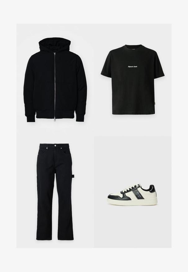 Svart hettejakke med frontglidelås, kengurulomme, ribbestrikket mansjetter og søm, vist på en ensfarget hvit bakgrunn.; Svart bomull T-skjorte med korte ermer, med hvit brodert "Original Studio" tekst over brystet og rund halsåpning.; Svart denimbukser med rett benklipp, frontlommer og baklommer med lapper. Har sølvfarget metallbeslag og side løkkedetalj for funksjonalitet.; Lædersneakers med sort og creme farveskema, der har perforerede detaljer, en polstret krave og en struktureret ydersål.