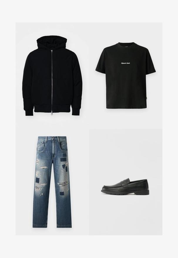 Crna kapuška jakna s prednjim zatvaračem, kenguru džepom, rebrastim manžetama i rubom, prikazana na običnoj bijeloj pozadini.; Crna pamučna majica sa kratkim rukavima, sa bijelim izvezenim natpisom "Original Studio" na prsima i okruglim izrezom.; Traperice s izrezanim zakrpama i različitim nijansama plave, s ravnim nogavicama i tradicionalnim pet džepova.; Crne kožne mokasine s glatkom površinom, gornji dio u stilu mokasina, ojačani šavovi i gumeni potplat. Klasičan dizajn s niskom petom.