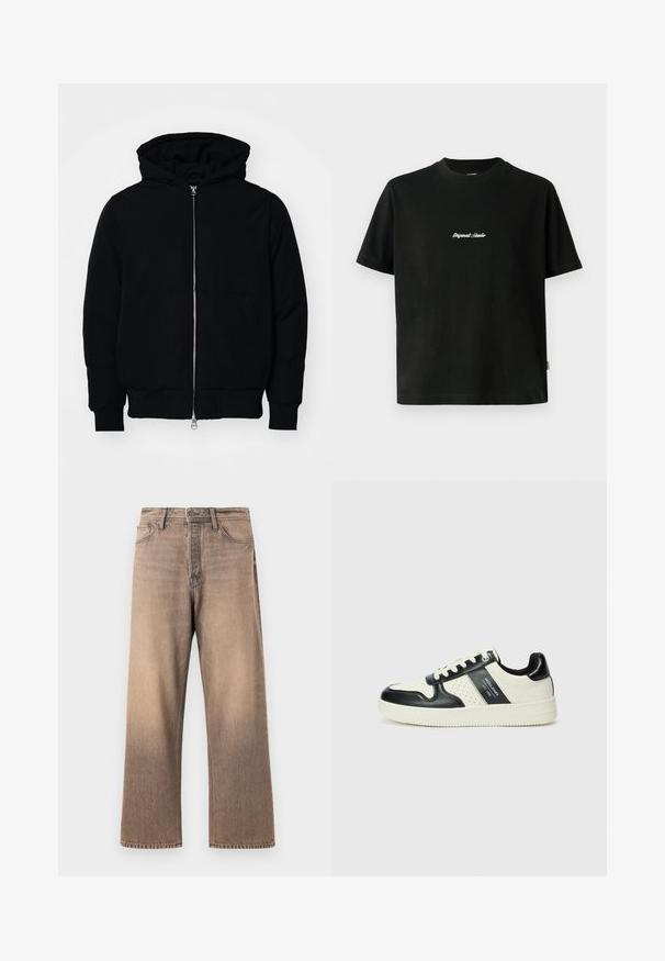 Fekete kapucnis dzseki elülső cipzárral, kenguruzsebbel, bordázott mandzsettákkal és aba, egy sima fehér háttér előtt.; Fekete pamut póló rövid ujjakkal, fehér hímzett "Original Studio" felirattal a mellen és kerek nyakú kivágással.; Széles lábú farmer a színátmenetes barna mosással, klasszikus öt zsebes kialakítással, övhurkokkal és kontrasztos varrással a sima farmer textúráján.; Fekete és krém színű bőrsneaker, perforált díszítésekkel, párnázott bokapánttal és texturált talppal.