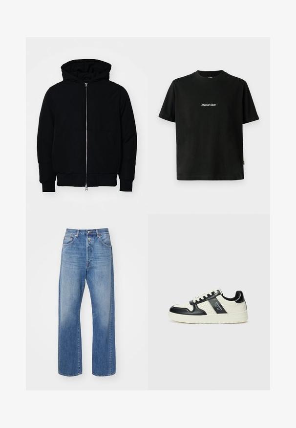 Mustaga kapuutsiga jakk, millel on esineed, kenguru tasku, soonikkoes, ja alläär, esitatud lihtsal valgel taustal.; Must värvi puuvillane T-särk lühikeste varrukatega, millel on rinnal valge tikitud "Original Studio" tekst ja ümar kaelus.; Heledad sinine denimid, sirge lõikega, nuppega sulgemisega, viie taskuga ja kangal on kerge hõõrdumine.; Nahatud nahkkingad musta ja kreemi värviskeemiga, millel on perforeeritud aktsendid, pehme krae ja tekstureeritud tallad.