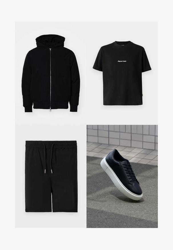 Jachetă neagră cu glugă, cu fermoar în față, buzunar tip kangaroo, mansete și tiv ribbed, prezentată pe un fundal alb simplu.; Tricou din bumbac negru cu mâneci scurte, având un text alb brodat "Original Studio" pe piept și un decolteu rotund.; Şorturi negre dintr-un material moale, cu un brâu elastic și șnur pentru ajustare, având o textură fină. Fără buzunare sau alte embellishmente.; Tenis cu piele neagră, cu vârful rotund și talpă din cauciuc alb. Are șireturi plate și cusături minime pe suprafață. Tălpile texturate oferă aderență.