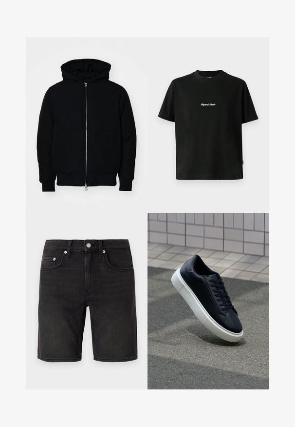 Fekete kapucnis dzseki elülső cipzárral, kenguruzsebbel, bordázott mandzsettákkal és aba, egy sima fehér háttér előtt.; Fekete pamut póló rövid ujjakkal, fehér hímzett "Original Studio" felirattal a mellen és kerek nyakú kivágással.; Fekete farmer sort klasszikus öt zsebes kialakítással, fémből készült gombbal és diszkrét varrási részletekkel. Sima textúra, térd fölé érő szabás.; Fekete bőr sportcipő lekerekített orral és fehér gumitalppal. Lapos fűzőkkel és minimális varrásokkal rendelkezik a felsőrészén. Mintás talp a tapadásért.