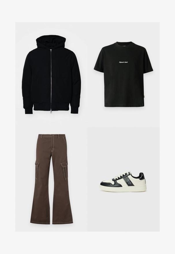 Giacca nera con cappuccio, dotata di zip frontale, tasca a marsupio, polsini e orlo a coste, esposta su uno sfondo bianco semplice.; T-shirt in cotone nero con maniche corte, caratterizzato da una scritta bianca ricamata "Original Studio" sul petto e un collo rotondo.; Pantaloni cargo marroni con gambe svasate, dotati di tasche laterali, dettagli in cucitura bianca e chiusura con bottone in metallo.; Sneakers in pelle con una combinazione di colori nero e crema, dotati di dettagli perforati, collare imbottito e suola testurizzata.