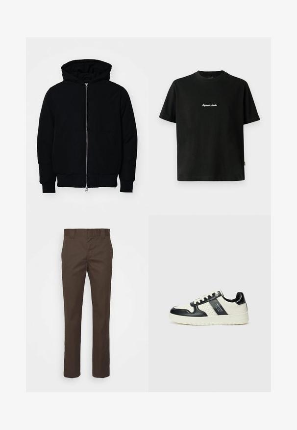 Chaqueta negra con capucha, cierre frontal, bolsillo tipo canguro, y puños y dobladillo acanalados, exhibida sobre un fondo blanco liso.; Camiseta de algodón negra de manga corta, con un texto bordado en blanco "Original Studio" en el pecho y un cuello redondeado.; Pantalones marrones hechos de un tejido duradero, con un diseño de pierna recta, una cintura estándar y bolsillos laterales para mayor funcionalidad.; Zapatillas de cuero con un esquema de colores negro y crema, que cuentan con acentos perforados, un collar acolchado y una suela texturizada.