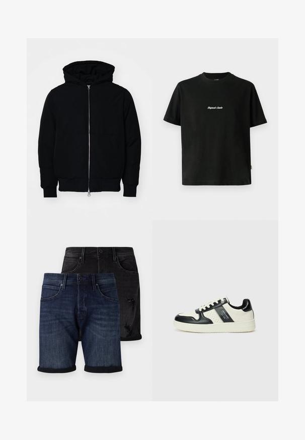 Fekete kapucnis dzseki elülső cipzárral, kenguruzsebbel, bordázott mandzsettákkal és aba, egy sima fehér háttér előtt.; Fekete pamut póló rövid ujjakkal, fehér hímzett "Original Studio" felirattal a mellen és kerek nyakú kivágással.; Sötétkék farmer rövidnadrág szett, felgöngyölt szegéllyel és egy fekete, kopott hatású rövidnadrággal. Mindkettő klasszikus öt zsebes kialakítással rendelkezik.; Fekete és krém színű bőrsneaker, perforált díszítésekkel, párnázott bokapánttal és texturált talppal.
