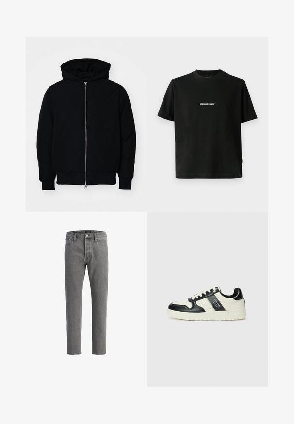 Black hooded jacket with front zipper, kangaroo pocket, ribbed cuffs, and hem, displayed on a plain white background.; Black cotton T-shirt with short sleeves, featuring a white embroidered "Original Studio" text across the chest and a rounded neckline.; Gray denim jeans with a straight cut, five-pocket design, and metal button closure. Fabric has a soft, textured finish.; Leather sneakers with a black and cream color scheme, featuring perforated accents, a padded collar, and a textured outsole.