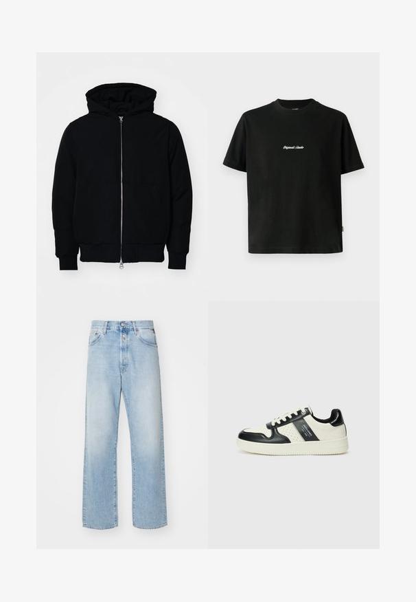 Mustaga kapuutsiga jakk, millel on esineed, kenguru tasku, soonikkoes, ja alläär, esitatud lihtsal valgel taustal.; Must värvi puuvillane T-särk lühikeste varrukatega, millel on rinnal valge tikitud "Original Studio" tekst ja ümar kaelus.; Heledad sinine denimpüksid, millel on lõtv istuvus, kõrge vöökoht, viie tasku disain ja sirged sääred. Näha on kulunud tekstuur.; Nahatud nahkkingad musta ja kreemi värviskeemiga, millel on perforeeritud aktsendid, pehme krae ja tekstureeritud tallad.