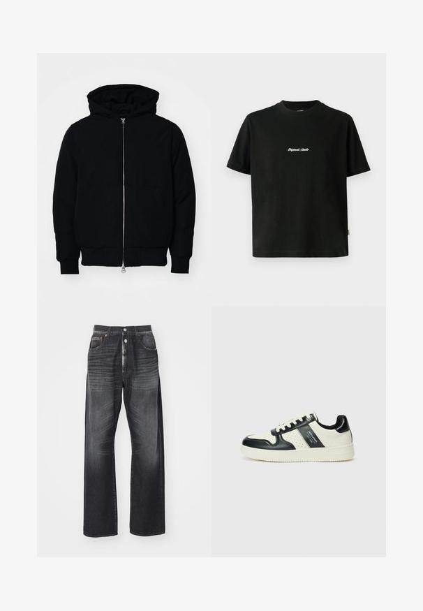 Zwarte hoodie met rits aan de voorkant, kangoeroe-pocket, geribbelde manchetten en zoom, weergegeven op een effen witte achtergrond.; Zwarte katoenen T-shirt met korte mouwen, met een witte geborduurde tekst "Original Studio" over de borst en een ronde hals.; Donkergewassen wijde jeans van denim, met een knoopsluiting, vijf zakken en een subtiele vervaging over de stof.; Leren sneakers met een zwart en crèmekleurig kleurenschema, voorzien van geperforeerde accenten, een gevoerde kraag en een gestructureerde buitenzool.