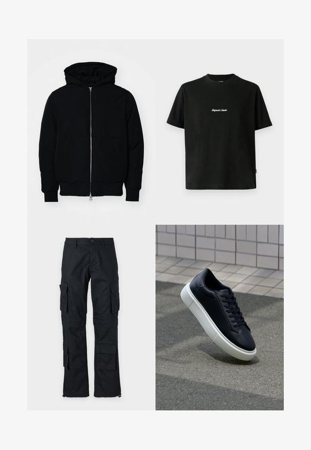 Veste à capuche noire avec fermeture éclair sur le devant, poche kangourou, poignets et ourlet côtelés, présentée sur un fond blanc uni.; T-shirt en coton noir à manches courtes, avec un texte brodé blanc "Original Studio" sur la poitrine et un col rond.; Pantalons cargo noirs avec plusieurs poches latérales, fermeture à bouton et ourlets aux chevilles ajustables. Fabriqués en tissu robuste et présentent un design droit.; Baskets noires en cuir avec bout arrondi et semelle en caoutchouc blanc. Elles présentent des lacets plats et une couture minimale sur la tige. Semelle texturée pour une bonne adhérence.