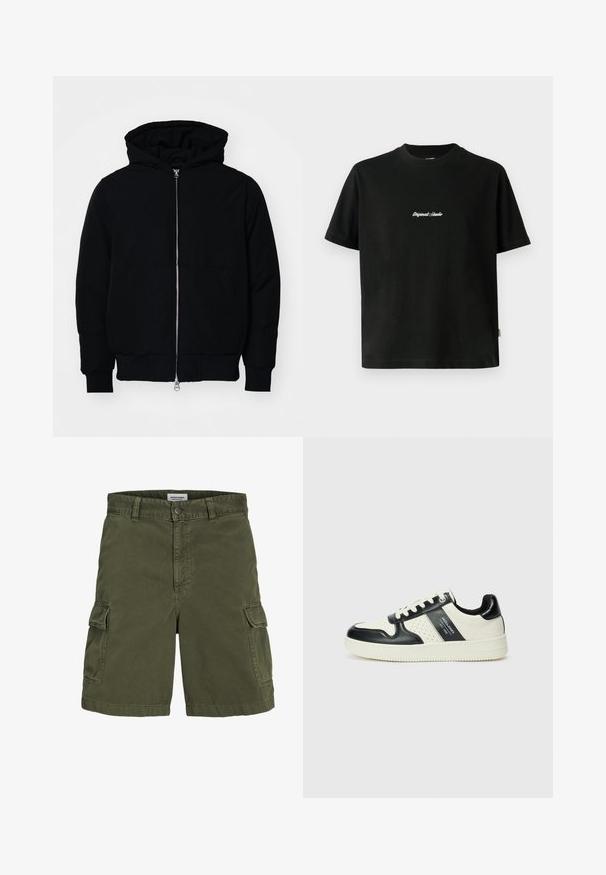 Veste à capuche noire avec fermeture éclair sur le devant, poche kangourou, poignets et ourlet côtelés, présentée sur un fond blanc uni.; T-shirt en coton noir à manches courtes, avec un texte brodé blanc "Original Studio" sur la poitrine et un col rond.; Shorts cargo vert olive en coton, avec une fermeture éclair, des passants de ceinture, des poches latérales et une coupe droite.; Baskets en cuir avec un schéma de couleurs noir et crème, dotées d'accents perforés, d'un col rembourré et d'une semelle texturée.