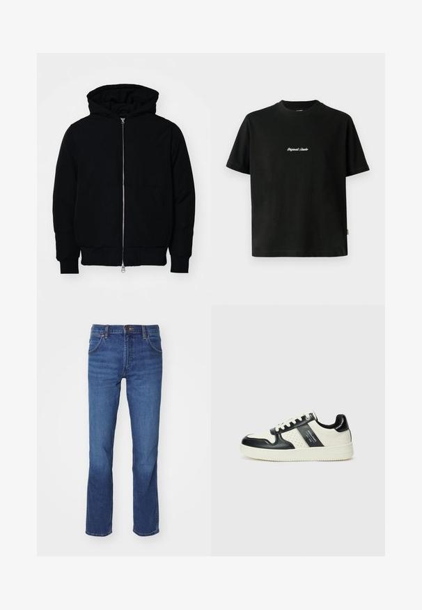 Črna kapuca jakna s sprednjim zadrgo, kenguru žepom, rebrastimi manšetami in hemom, razstavljena na enostavni beli ozadju.; Črna bombažna majica s kratkimi rokavi, ki ima belo vezeno besedilo "Original Studio" na prsih in okrogel izrez.; Jeans iz jeansa v srednje modri barvi s pravim krojem, petimi žepi in tradicionalnim zapiranjem na gumb in zadrgo.; Usnjeni športni čevlji z črno in krem barvno shemo, ki vključujejo perforirane dodatke, podložen ovratnik in strukturirano podplat.