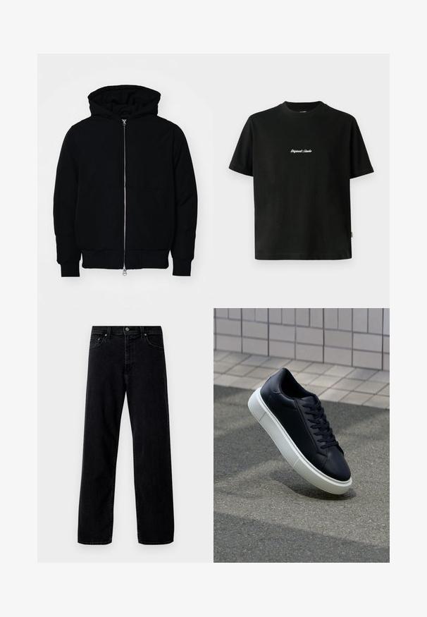Melna kapucēta jaka ar priekšējo rāvējslēdzēju, kenguru kabatu, ribinātām aprocēm un apakšmalu, parādīta uz vienkārša balta fona.; Melnas kokvilnas T-krekls ar īsām piedurknēm, ar baltu izšūtu tekstu "Original Studio" krūšu daļā un apaļu kakla izgriezumu.; Hollister Co. Plati džinsi - washed black; Melnas ādas kedas ar noapaļotu pirkstu un baltu gumijas zoli. Iespējas - plakanas šņorītes un minimāla apdare augšdaļā. Struktūrēta zole, lai nodrošinātu saķeri.