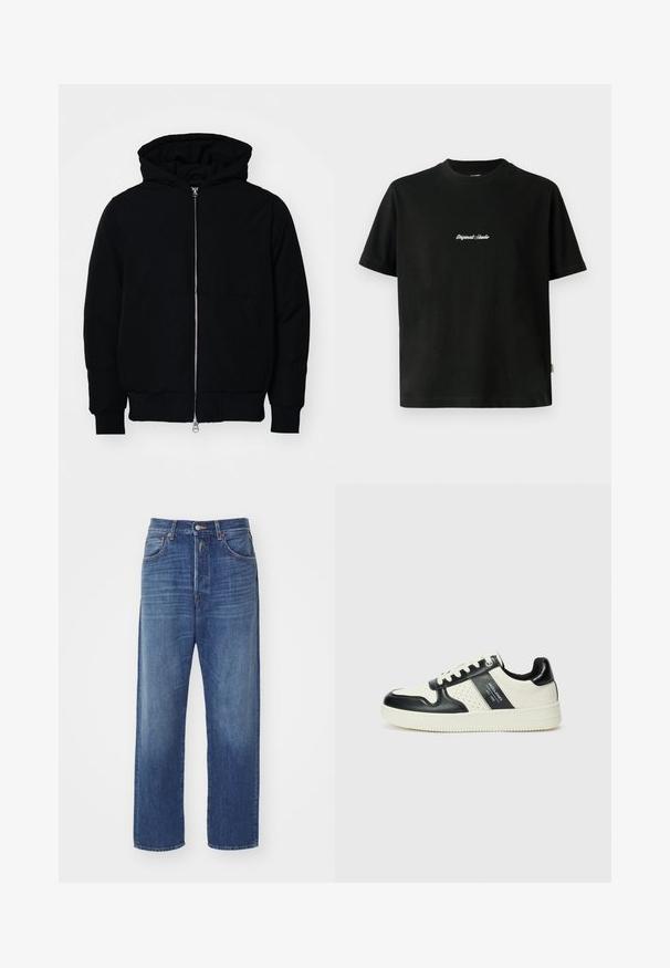 Mustaga kapuutsiga jakk, millel on esineed, kenguru tasku, soonikkoes, ja alläär, esitatud lihtsal valgel taustal.; Must värvi puuvillane T-särk lühikeste varrukatega, millel on rinnal valge tikitud "Original Studio" tekst ja ümar kaelus.; Tumedat sinised denim püksid sirge lõikega, millel on esi nööp sulgemine, viis taskut ja kerged pleekimise detailid kangas.; Nahatud nahkkingad musta ja kreemi värviskeemiga, millel on perforeeritud aktsendid, pehme krae ja tekstureeritud tallad.