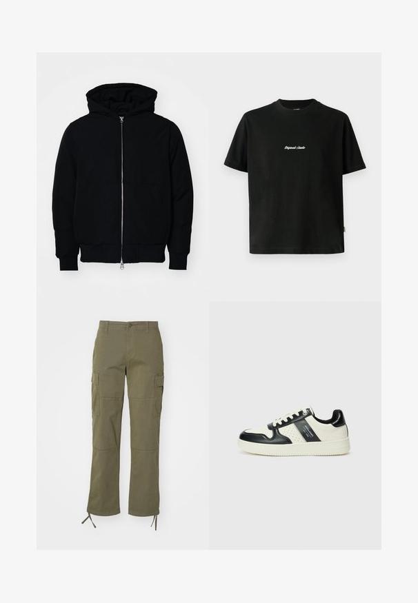 Mustat huppu-untuvatakki, jossa on vetoketju edessä, kenguru-tasku, ribatut hihansuut ja helma, esillä yksinkertaisella valkoisella taustalla.; Musta puuvillainen t-paita lyhyillä hihoilla, jossa on valkoinen brodeerattu "Original Studio" -teksti rinnan kohdalla ja pyöreä pääntie.; Vihreät cargo-housut suoranlahkeisella designilla, joissa on kaksi sivutaskua ja säädettävät narut lahkeissa. Valmistettu kestävästä kankaasta.; Nahkakengät musta-kerma värimaailmassa, joissa on rei'itetyt yksityiskohdat, pehmustettu nilkkaosa ja teksturoitu pohja.