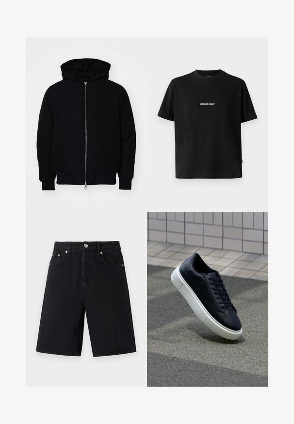 Fekete kapucnis dzseki elülső cipzárral, kenguruzsebbel, bordázott mandzsettákkal és aba, egy sima fehér háttér előtt.; Fekete pamut póló rövid ujjakkal, fehér hímzett "Original Studio" felirattal a mellen és kerek nyakú kivágással.; Fekete farmersort egyenes szabással. Jellemzői közé tartozik a cipzáras eleje, az öt zseb, az ezüst hardware, valamint egy finom textúrájú felület.; Fekete bőr sportcipő lekerekített orral és fehér gumitalppal. Lapos fűzőkkel és minimális varrásokkal rendelkezik a felsőrészén. Mintás talp a tapadásért.