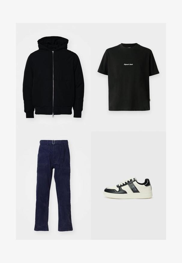 Giacca nera con cappuccio, dotata di zip frontale, tasca a marsupio, polsini e orlo a coste, esposta su uno sfondo bianco semplice.; T-shirt in cotone nero con maniche corte, caratterizzato da una scritta bianca ricamata "Original Studio" sul petto e un collo rotondo.; Pantaloni da lavoro blu navy a gamba larga realizzati in tessuto durevole, dotati di vita alta, passanti per cintura e ampie tasche laterali. Finitura texturizzata.; Sneakers in pelle con una combinazione di colori nero e crema, dotati di dettagli perforati, collare imbottito e suola testurizzata.