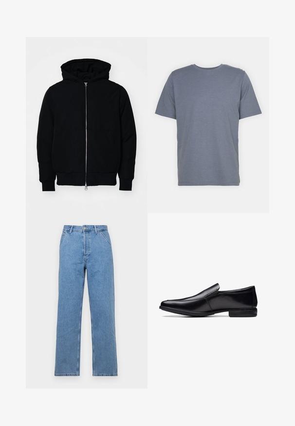 Svart hettejakke med frontglidelås, kengurulomme, ribbestrikket mansjetter og søm, vist på en ensfarget hvit bakgrunn.; Grå kortermet T-skjorte med rund hals, laget av myk bomullsblanding. Enkel design, ingen mønstre eller accenter.; Lyseblå denim rettslit jeans med klassisk fem-lomme design, med knappstenging foran og beltesløyfer. Glatt tekstur.; Sorte skinn slip-on sko med spiss tå, polert finish, subtile sømdetaljer og lavprofil gummisåle.