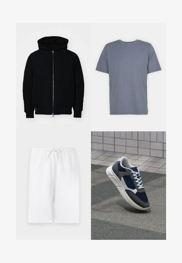 Schwarze Kapuzenjacke mit Frontreißverschluss, Kängurutasche, gerippten Bündchen und Saum, auf einem schlichten weißen Hintergrund präsentiert.; Graues T-Shirt mit kurzen Ärmeln und Rundhalsausschnitt, aus weichem Baumwollmixstoff gefertigt. Schlichtes Design, keine Muster oder Akzente.; Weiße Baumwollshorts mit elastischem Bund und verstellbarem Kordelzug. Mit geradem Schnitt und glatter Textur. Keine Muster oder Akzente.; Sneaker mit einem Obermaterial aus navyblauem Mesh, grauen Wildlederelementen, einer weißen Gummisohle und flachen weißen Schnürsenkeln, entworfen für Komfort und Atmungsaktivität.