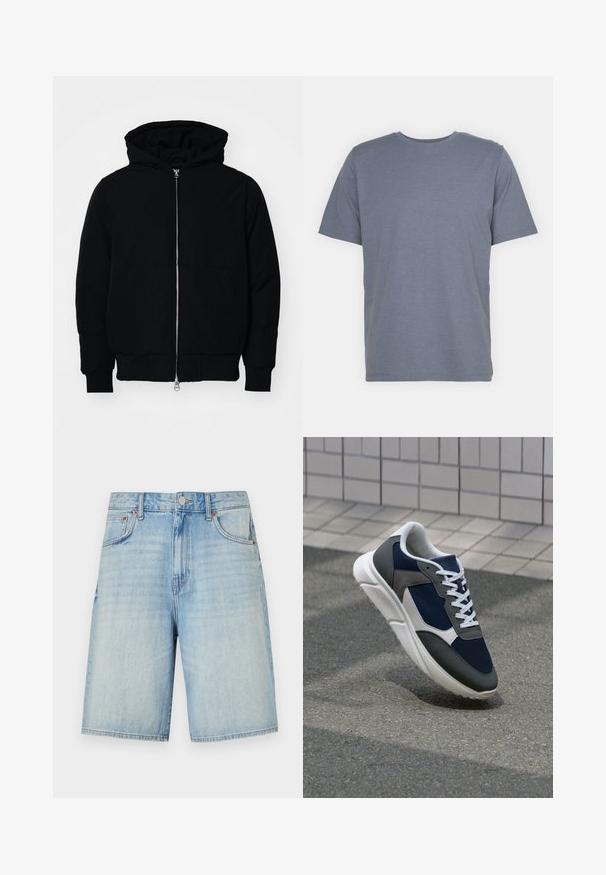 Fekete kapucnis dzseki elülső cipzárral, kenguruzsebbel, bordázott mandzsettákkal és aba, egy sima fehér háttér előtt.; Szürke, rövid ujjú póló, kerek nyakkal, puha pamut keverékből készült. Egyszerű dizájn, minta vagy díszítés nélkül.; Világoskék farmer sort, egyenes szabású, gombbal és cipzárral záródik, öt zseb található rajta, és enyhén elhalványult a színe.; Cipő, amelynek sötétkék hálós felsőrésze, szürke velúr díszítései, fehér gumitalpa és lapos fehér fűzője van, a kényelem és a légáteresztő képesség érdekében tervezve.