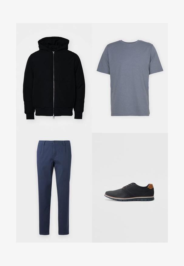 Mustaga kapuutsiga jakk, millel on esineed, kenguru tasku, soonikkoes, ja alläär, esitatud lihtsal valgel taustal.; Hall hallitusest lühikeste varrukatega T-särk ümmarguse kaelusega, valmistatud pehmest puuvillasegusest kangast. Lihtne disain, ilma mustrite või aktsentideta.; Tumed sinised püksid, mis on valmistatud kergest kangast, esiosas nupuga kinnitamine, kahe küljetaskuga ja sirge jalgade kujundusega.; Mustavad sünteetilised jalatsid tekstureeritud pealsega, siledad aktsendid, pruun kand ja kontrastne tall. Omab minimaalset lukkude ja õmbluste dekoratsiooni.