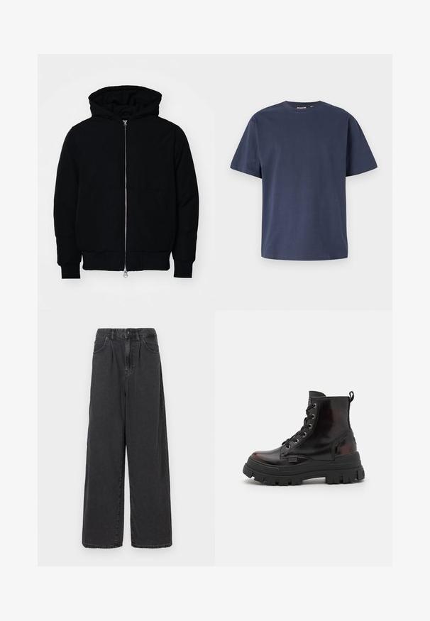 Mustaga kapuutsiga jakk, millel on esineed, kenguru tasku, soonikkoes, ja alläär, esitatud lihtsal valgel taustal.; Tume sinine puuvillane t-särk ümmarguse kaelusega ja lühikeste varrukatega. Sile tekstuur, sirge lõige ja minimaalsed õmblused, mis pakuvad klassikalist disaini.; Laiad, kõrgema vöökohaga mustad denimipüksid, millel on ees nupuga ja tõmblukuga sulgemine, külgpocketid ja sile tekstuur.; Buffalo ASPHA - Nööritavad poolsaapad - black/red