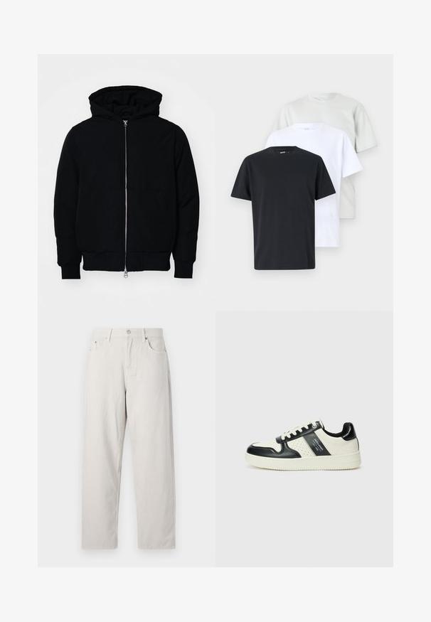 Mustaga kapuutsiga jakk, millel on esineed, kenguru tasku, soonikkoes, ja alläär, esitatud lihtsal valgel taustal.; Kolm lühikeste varrukatega T-särki mustas, valges ja helesinisest hallist värvitoonis, 100% puuvillased, ümmarguse kaelusega ja lõdva lõikega. Siledad, ühtlased värvid.; Heledad beige kõrge vöökoht ja sirge lõikega teksad. Valmistatud paksust puuvillakangast, millel on silmatorkavad esikotid ja üks metallnupp.; Nahatud nahkkingad musta ja kreemi värviskeemiga, millel on perforeeritud aktsendid, pehme krae ja tekstureeritud tallad.