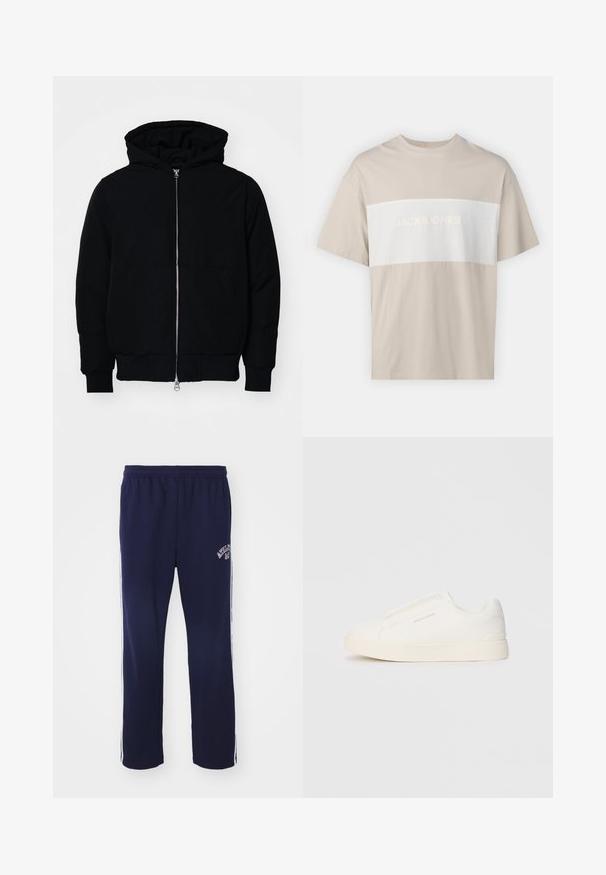 Czarna kurtka z kapturem, z suwakiem z przodu, kieszenią kangurką, ściągaczami przy mankietach i dolnym brzegu, prezentowana na jednolitym białym tle.; Beżowa bawełniana koszulka z krótkim rękawem z białą poziomą wstawką z wytłoczonym napisem "JACK & JONES ESSENTIALS WORLDWIDE".; Granatowe dresy z elastycznym pasem, białymi bocznymi paskami i haftowanym tekstem na lewym nogawce. Wykonane z miękkiego, oddychającego materiału.; Białe sneakersy wsuwane z teksturowanej powierzchni, grubą podeszwą i minimalistycznym designem. Zawierają logo marki z boku.