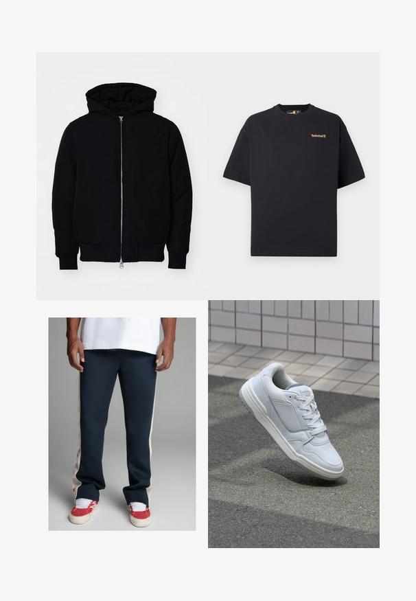 Črna kapuca jakna s sprednjim zadrgo, kenguru žepom, rebrastimi manšetami in hemom, razstavljena na enostavni beli ozadju.; Crna majica Timberland s kratkimi rokavi in krojnim ovratnikom, z manjšim svetlo rjavim logotipom na zgornjem levem prsnem delu, prikazana na beli podlagi.; Temno modre trenirke s kremnimi črtami ob straneh in subtilnim logotipom na levi nogi. Material je gladek, prilagojen sproščenemu slogu, z zaprtimi robovi.; Bela usnjena superga s perforiranimi stranicami, teksturiranimi detajli, ravnimi vezalkami in kontrastno sivo peto. Ima rahlo dvignjen podplat.