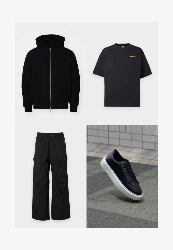 Fekete kapucnis dzseki elülső cipzárral, kenguruzsebbel, bordázott mandzsettákkal és aba, egy sima fehér háttér előtt.; Fekete, rövid ujjú, kerek nyakú Timberland póló, kicsi, világosbarna logóval a bal felső mellrészén, fehér háttér előtt.; Fekete cargo nadrág rugalmas derékkal, több nagy zsebbel és cipzáras oldalzsebekkel. Könnyű, texturált anyagból készült.; Fekete bőr sportcipő lekerekített orral és fehér gumitalppal. Lapos fűzőkkel és minimális varrásokkal rendelkezik a felsőrészén. Mintás talp a tapadásért.