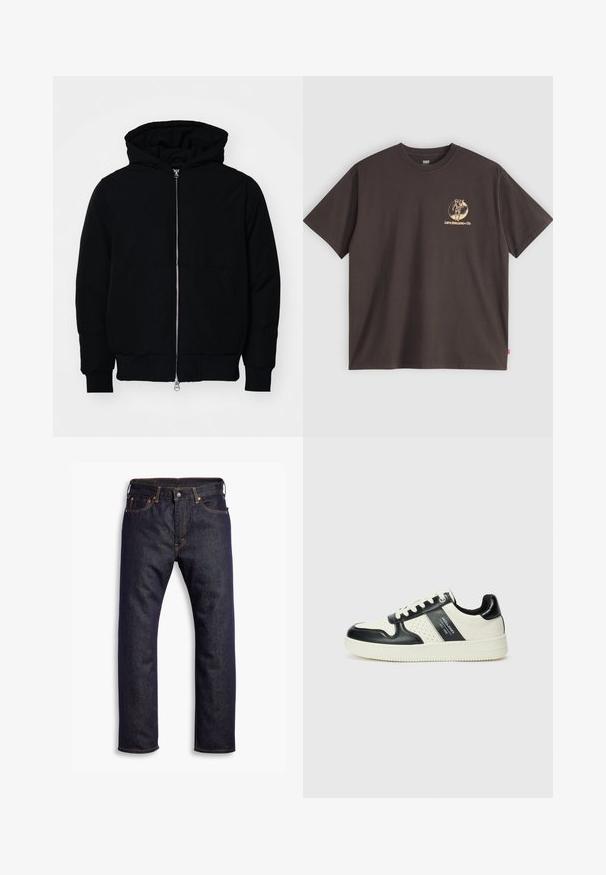 Svart hettejakke med frontglidelås, kengurulomme, ribbestrikket mansjetter og søm, vist på en ensfarget hvit bakgrunn.; Mørkebrun bomulls t-skjorte med korte ermer, som har et gull logo design på venstre bryst og en rød etikett på sidesømmen.; Mørkeblå jeans med rette ben, fem lommer og oransje kontrastsøm, lagt flatt på hvit bakgrunn.; Lædersneakers med sort og creme farveskema, der har perforerede detaljer, en polstret krave og en struktureret ydersål.
