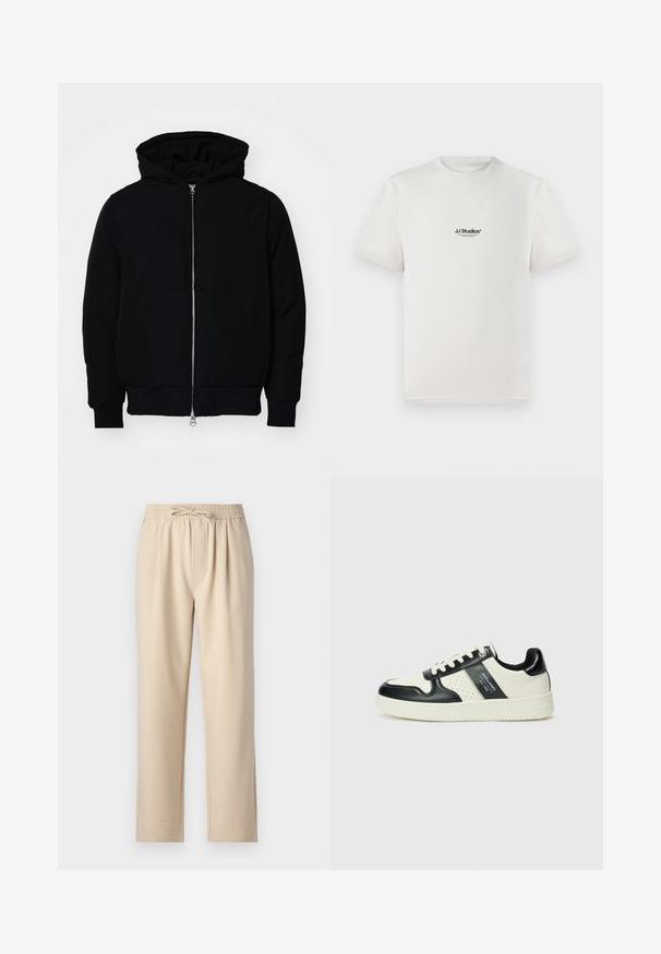 Svart hettejakke med frontglidelås, kengurulomme, ribbestrikket mansjetter og søm, vist på en ensfarget hvit bakgrunn.; Hvit bomulls-t-skjorte med korte ermer, med en svart "JJ Studios" logo på brystet. Rund hals og standard passform.; Beige bukser med elastisk talje og snor, lige ben-design og blød, glat stofstruktur.; Lædersneakers med sort og creme farveskema, der har perforerede detaljer, en polstret krave og en struktureret ydersål.
