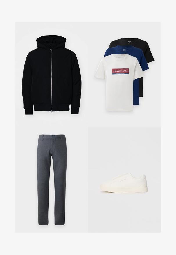 Black hooded jacket with front zipper, kangaroo pocket, ribbed cuffs, and hem, displayed on a plain white background.; Three stacked short-sleeve crew neck t-shirts in white with red and blue logo, navy blue, and black, displayed on white background.; Gray, textured trousers with a straight fit, featuring a belt loop waistband, front pockets, and a single button closure.; White slip-on sneakers with a textured surface, a thick sole, and minimalistic design. Features brand logo on the side.