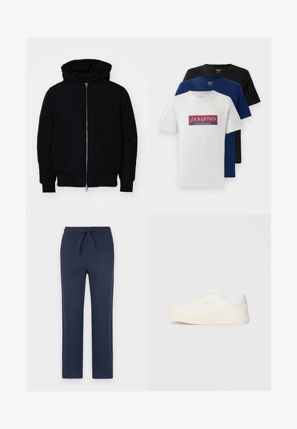 Veste à capuche noire avec fermeture éclair sur le devant, poche kangourou, poignets et ourlet côtelés, présentée sur un fond blanc uni.; Trois t-shirts à manches courtes empilés de couleur blanche avec un logo rouge et bleu, bleu marine et noir, présentés sur fond blanc.; Pantalons bleu marine à taille élastique avec cordon de serrage, coupe droite, texture lisse et sans motifs ni détails matériels visibles.; Baskets blanches sans lacets avec une surface texturée, une semelle épaisse et un design minimaliste. Présente le logo de la marque sur le côté.