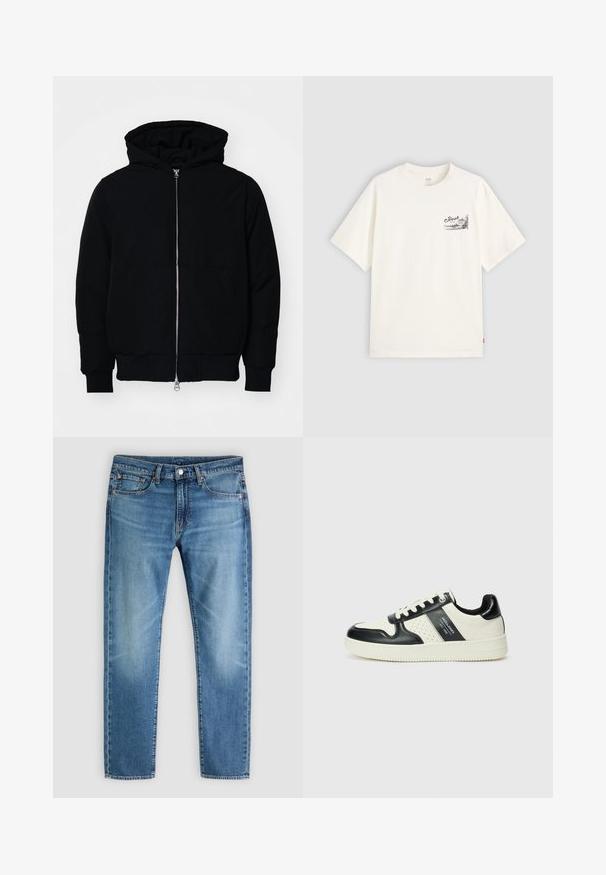 Black hooded jacket with front zipper, kangaroo pocket, ribbed cuffs, and hem, displayed on a plain white background.; White short-sleeve t-shirt made of cotton, featuring a black graphic design on the left chest area with the word "Fresh."; Light blue denim jeans with a straight leg design, traditional five-pocket style, and subtle fading. Features a button closure and belt loops.; Leather sneakers with a black and cream color scheme, featuring perforated accents, a padded collar, and a textured outsole.