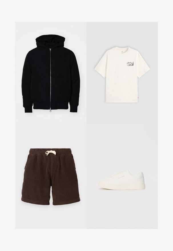 Chaqueta negra con capucha, cierre frontal, bolsillo tipo canguro, y puños y dobladillo acanalados, exhibida sobre un fondo blanco liso.; Camiseta blanca de manga corta hecha de algodón, con un diseño gráfico negro en la zona del pecho izquierdo que dice "Fresh."; Pantalones cortos de pana marrones con cintura elástica, cierre de cordón y bolsillos laterales. La tela presenta canalones verticales y un acabado texturizado.; Zapatillas blancas tipo slip-on con una superficie texturizada, suela gruesa y diseño minimalista. Presenta el logo de la marca en un lado.