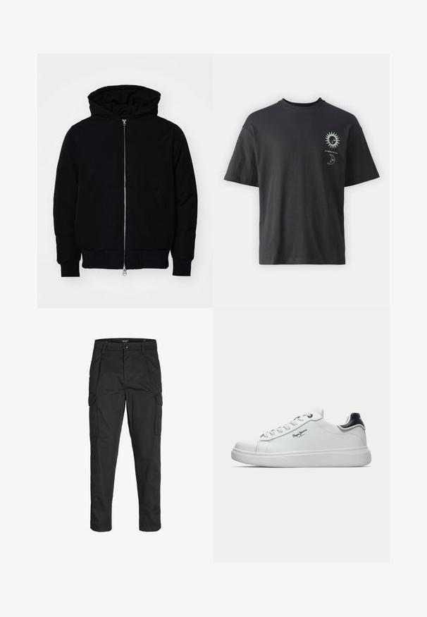 Black hooded jacket with front zipper, kangaroo pocket, ribbed cuffs, and hem, displayed on a plain white background.; Black cotton t-shirt with short sleeves, round neck, and front graphics of a sun and moon, accompanied by text "Le Soleil et La Lune."; Black cargo pants made of sturdy fabric, featuring multiple pockets, a button closure, and a slim fit design with tapered legs.; White low-top sneaker with black heel accent, white laces, and "Pepe Jeans London" logo on side, shown in profile on a white background.