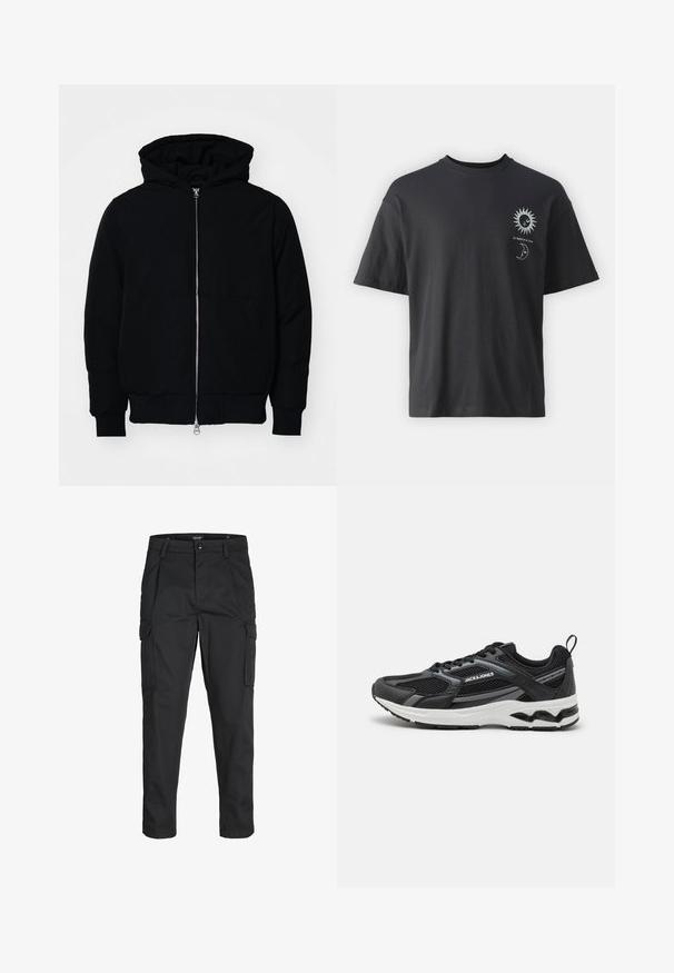 Čierna kapucňová bunda s predným zipsom, klokaními vreckami, rebrovanými manžetami a lemom, zobrazená na bielom pozadí.; Čierne bavlnené tričko s krátkymi rukávmi, okrúhlym výstrihom a prednými grafikami slnka a mesiaca, doplnené textom "Le Soleil et La Lune."; Čierne cargo nohavice z odolnej látky, s viacerými vreckami, gombíkovým zapínaním a úzkym strihom so zúženými nohavicami.; Jack & Jones JFWTOKYO - Tenisky - anthracite
