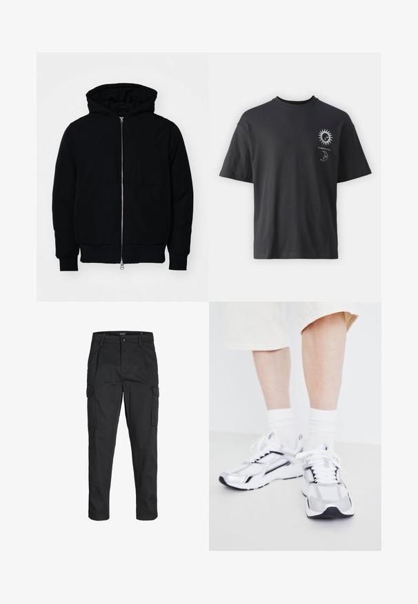 Svart hettejakke med frontglidelås, kengurulomme, ribbestrikket mansjetter og søm, vist på en ensfarget hvit bakgrunn.; Svart bomullst-skjorte med korte ermer, rund hals og frontgrafikk av en sol og måne, ledsaget av teksten "Le Soleil et La Lune."; Sorte cargo bukser laget av slitesterkt stoff, med flere lommer, knappelukking og en slim fit-design med avsmalnede ben.; Jack & Jones JFWTOKYO - Joggesko - bright white/black
