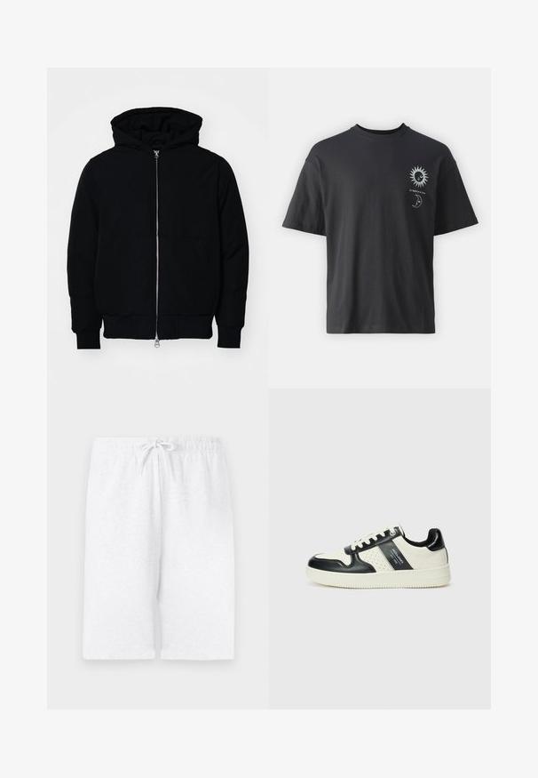 Mustaga kapuutsiga jakk, millel on esineed, kenguru tasku, soonikkoes, ja alläär, esitatud lihtsal valgel taustal.; Must musta T-särk lühikeste varrukatega, ümar kaelus ning esiküljel päikese ja kuu graafika, millele on lisatud tekst "Le Soleil et La Lune."; Valged puuvillased lühikesed püksid elastse vöökoha ja reguleeritava nööriga. Omavad sirget lõiget ja siledat tekstuuri. Ilma mustriteta või aksessuaarideta.; Nahatud nahkkingad musta ja kreemi värviskeemiga, millel on perforeeritud aktsendid, pehme krae ja tekstureeritud tallad.