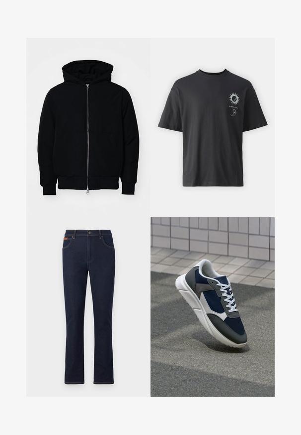 Svart hettejakke med frontglidelås, kengurulomme, ribbestrikket mansjetter og søm, vist på en ensfarget hvit bakgrunn.; Svart bomullst-skjorte med korte ermer, rund hals og frontgrafikk av en sol og måne, ledsaget av teksten "Le Soleil et La Lune."; Mørkeblå denimjeans med rette ben, med oransje sømmer, fem lommer og knapplukking i midjen.; Sneakers med en navy blå mesh-overdel, grå sømværk, hvit gummisåle og flate hvite snører, designet for komfort og pusteevne.