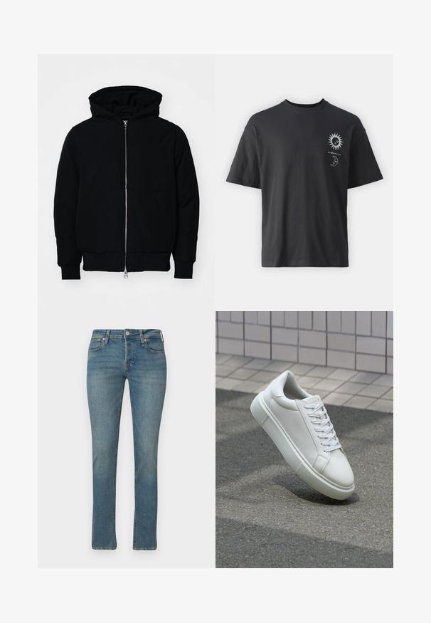 Juodas gobtuvėlis su priekiniu užtrauktuku, kengūros tipo kišene, lygiais rankogaliais ir apvadu, pateiktas ant vientiso balto fono.; Juodas medvilninis marškinėliai su trumpomis rankovėmis, apvalia iškirpte ir priekiniais atvaizdais saulės ir mėnulio su tekstu "Le Soleil et La Lune."; Šviesiai mėlyni džinsai su tiesiomis kojomis, penkių kišenių dizainu, priekiniu mygtukų uždarymu ir subtiliais šveitimo akcentais ant audinio.; Balti odiniai sportbačiai su lygiu paviršiumi, apvalia nosimi ir plokščiomis baltomis raištelėmis. Yra tekstūruotas gumos padas ir minimalizmas dizaino elementuose.