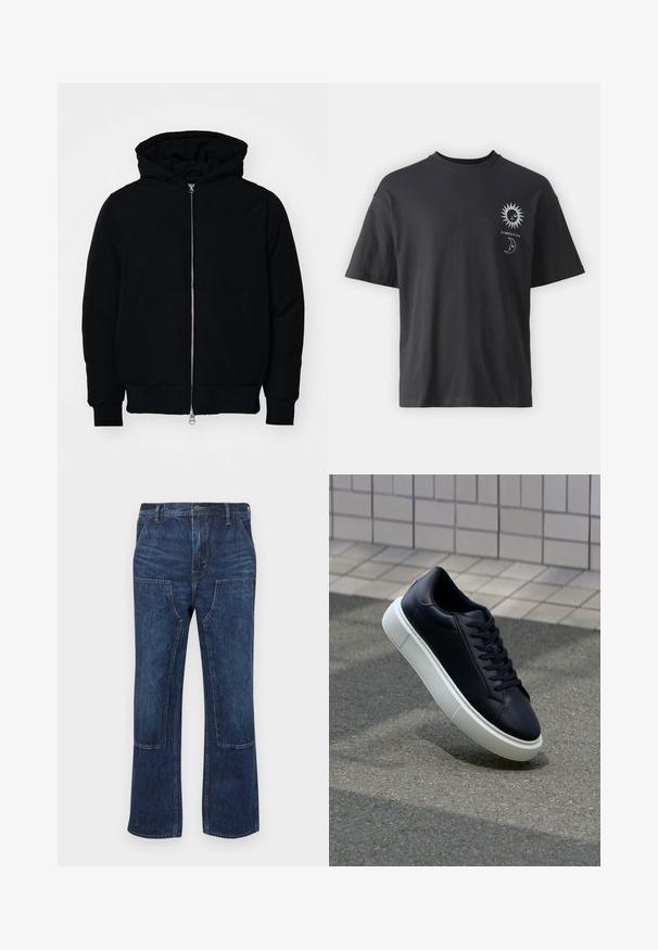 Juodas gobtuvėlis su priekiniu užtrauktuku, kengūros tipo kišene, lygiais rankogaliais ir apvadu, pateiktas ant vientiso balto fono.; Juodas medvilninis marškinėliai su trumpomis rankovėmis, apvalia iškirpte ir priekiniais atvaizdais saulės ir mėnulio su tekstu "Le Soleil et La Lune."; Tamsiai mėlynos džinsinės kelnės su laisvu kirpimu, plačiomis kojomis ir kišenėmis priekyje. Sklandus paviršius su minimaliais siūlių akcentais.; Juodas odinis sportbačius su apvaliu pirštu ir baltu gumuotu padu. Turi plokščias raišteles ir minimalų siuvimą viršuje. Padangos tekstūra užtikrina sukibimą.