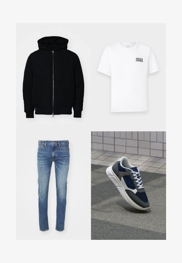 Black hooded jacket with front zipper, kangaroo pocket, ribbed cuffs, and hem, displayed on a plain white background.; White cotton t-shirt, short sleeves, crew neck. Features black text logo "JACK & JONES" on the left chest area. Simple, plain design.; Blue denim jeans with a faded look, straight leg design, five-pocket style, and belt loops; features a classic button and zipper closure.; Sneaker featuring a navy blue mesh upper, gray suede accents, white rubber sole, and flat white laces, designed for comfort and breathability.